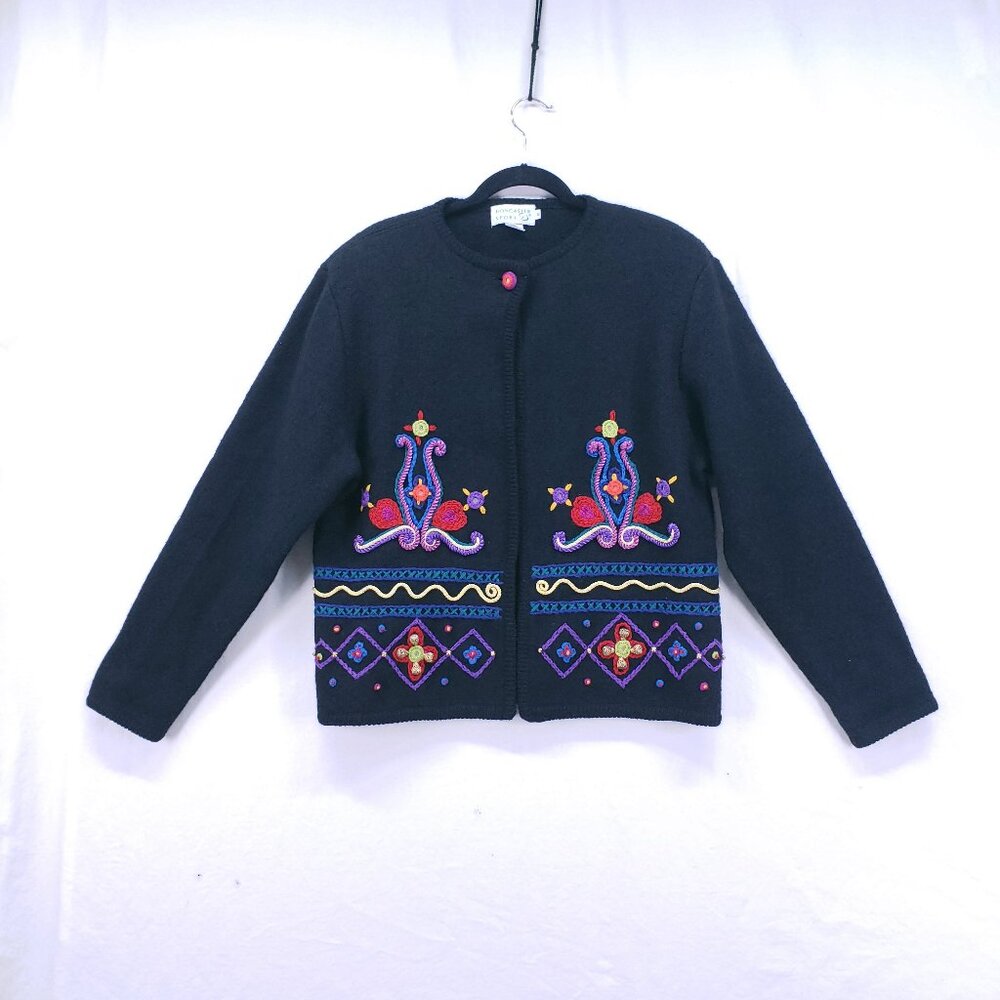 Vintage Doncaster Sport Embroidered 100% Wool Cardigan Colorful Black Sweater M